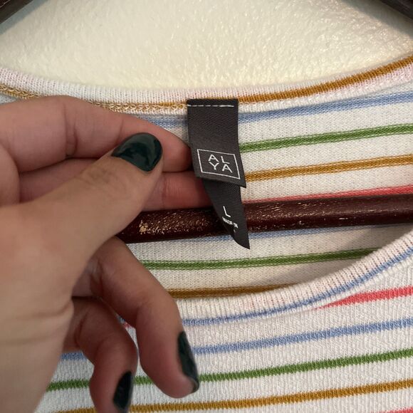 ALYA Cropped Pastel Striped Rainbow Racerback Tank, White Multicolor- Large - Picture 2 of 7